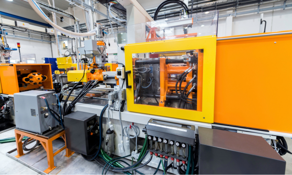 Injection molding machine with clamping unit and safety window operating on a production line